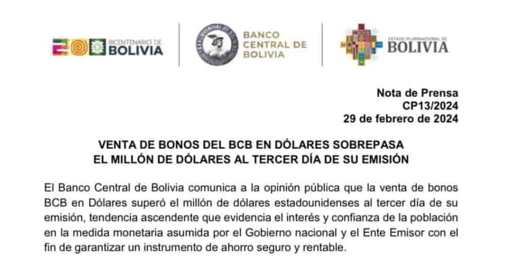 Venta de Bonos del BCB en dólares sobrepasa el millón de dólares al tercer día de su emisión