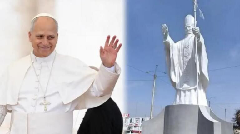 Instalan estatua de León XIV en el ingreso a Chiclayo