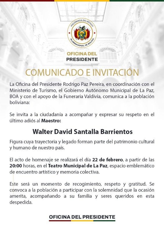 Gobierno organiza homenaje nacional al Maestro Walter David Santalla Barrientos