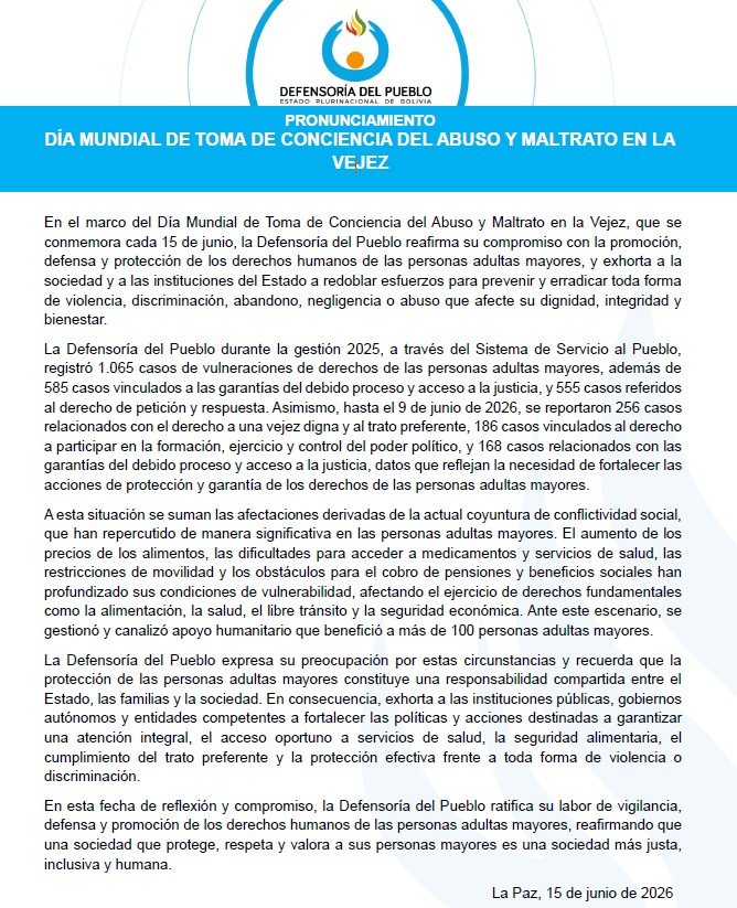 Pronunciamiento Dia Mundial de toma de conciencia del abuso y maltrato en la vejez