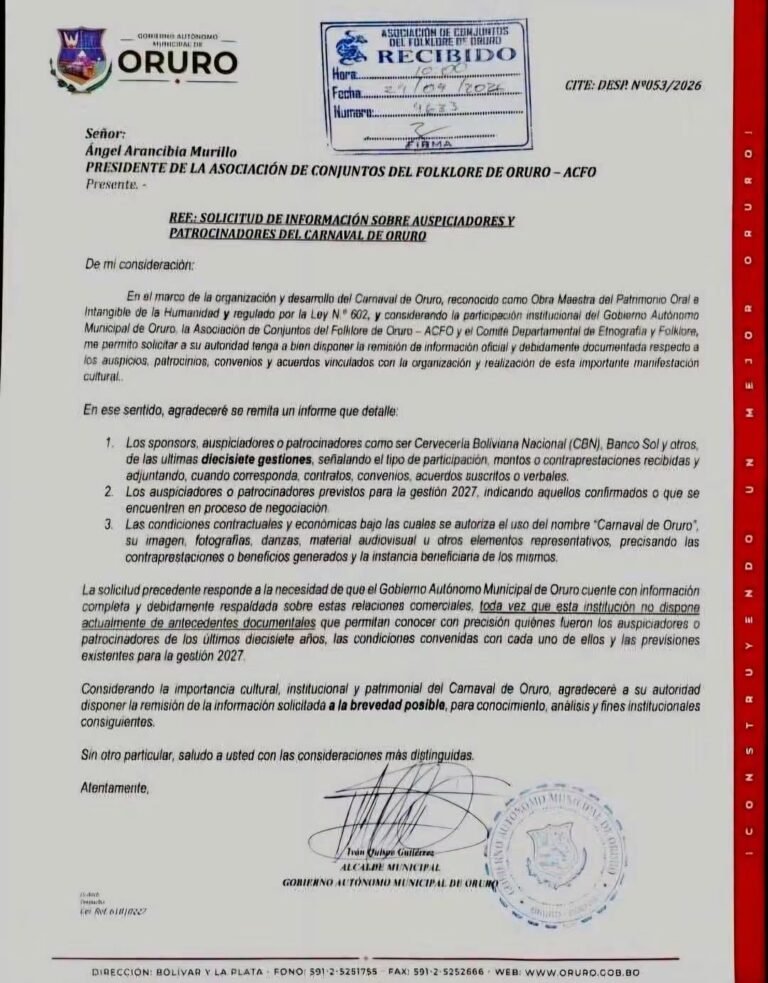 Alcalde de Oruro exige transparencia a la ACFO sobre patrocinios y amparo legal del Carnaval
