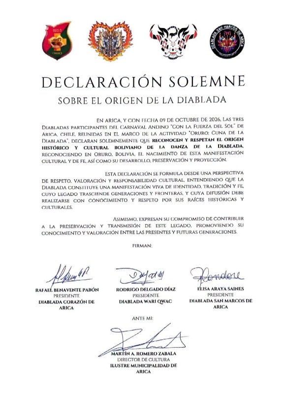 Organizaciones culturales y la Municipalidad de Arica firman declaración que reconoce a Oruro como la cuna de la Diablada